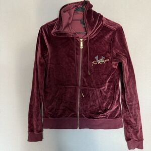 True Religion Velour Jacket XS Maroon Womens Full Zip Logo Long Sleeves Hoodie